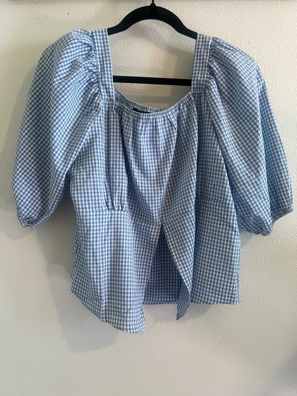 Blue Gingham Square-Neck Peasant Top